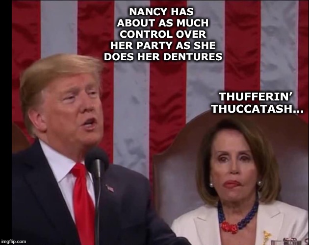 Sylvester the Cat’s got her tongue | NANCY HAS ABOUT AS MUCH CONTROL OVER HER PARTY AS SHE DOES HER DENTURES; THUFFERIN’ THUCCATASH... | image tagged in pelosi,trump,dnc,looney tunes,aoc,socialism | made w/ Imgflip meme maker