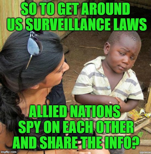And yall are cool with this? | SO TO GET AROUND US SURVEILLANCE LAWS; ALLIED NATIONS SPY ON EACH OTHER AND SHARE THE INFO? | image tagged in black kid,fisa,five-eyes,q,wake up,where my country gone | made w/ Imgflip meme maker