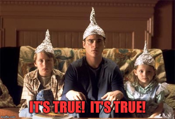 tin foil hats | IT'S TRUE!  IT'S TRUE! | image tagged in tin foil hats | made w/ Imgflip meme maker