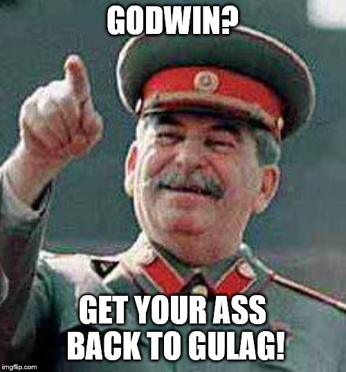 Stalin says | GODWIN? GET YOUR ASS BACK TO GULAG! | image tagged in stalin says | made w/ Imgflip meme maker