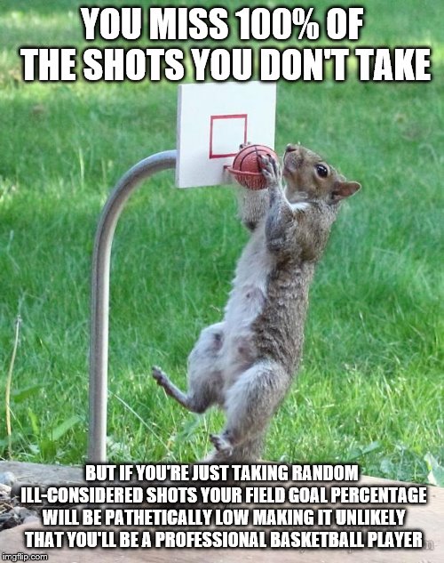 squirrel ballin' | YOU MISS 100% OF THE SHOTS YOU DON'T TAKE; BUT IF YOU'RE JUST TAKING RANDOM ILL-CONSIDERED SHOTS YOUR FIELD GOAL PERCENTAGE WILL BE PATHETICALLY LOW MAKING IT UNLIKELY THAT YOU'LL BE A PROFESSIONAL BASKETBALL PLAYER | image tagged in squirrel basketball,funny,the meaning of life | made w/ Imgflip meme maker