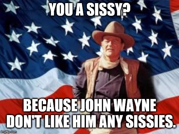 John Wayne American Flag | YOU A SISSY? BECAUSE JOHN WAYNE DON'T LIKE HIM ANY SISSIES. | image tagged in john wayne american flag | made w/ Imgflip meme maker