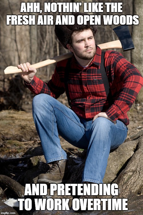 Union Jack | AHH, NOTHIN' LIKE THE FRESH AIR AND OPEN WOODS; AND PRETENDING TO WORK OVERTIME | image tagged in memes,solemn lumberjack,work ethic,overtime,funny,slacker | made w/ Imgflip meme maker