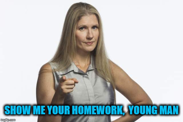 scolding mom | SHOW ME YOUR HOMEWORK,  YOUNG MAN | image tagged in scolding mom | made w/ Imgflip meme maker