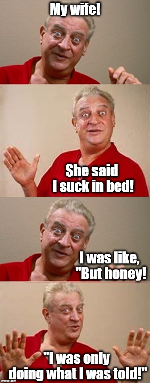 No respect, I'm tellin' ya! | My wife! She said I suck in bed! I was like, "But honey! "I was only doing what I was told!" | image tagged in bad pun rodney dangerfield | made w/ Imgflip meme maker