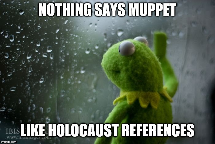 kermit window | NOTHING SAYS MUPPET LIKE HOLOCAUST REFERENCES | image tagged in kermit window | made w/ Imgflip meme maker