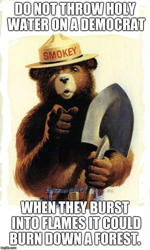 only you can prevent forest fires | DO NOT THROW HOLY WATER ON A DEMOCRAT; WHEN THEY BURST INTO FLAMES IT COULD BURN DOWN A FOREST. | image tagged in smokey the bear,only you can prevent forest fires,democrats the satan party | made w/ Imgflip meme maker