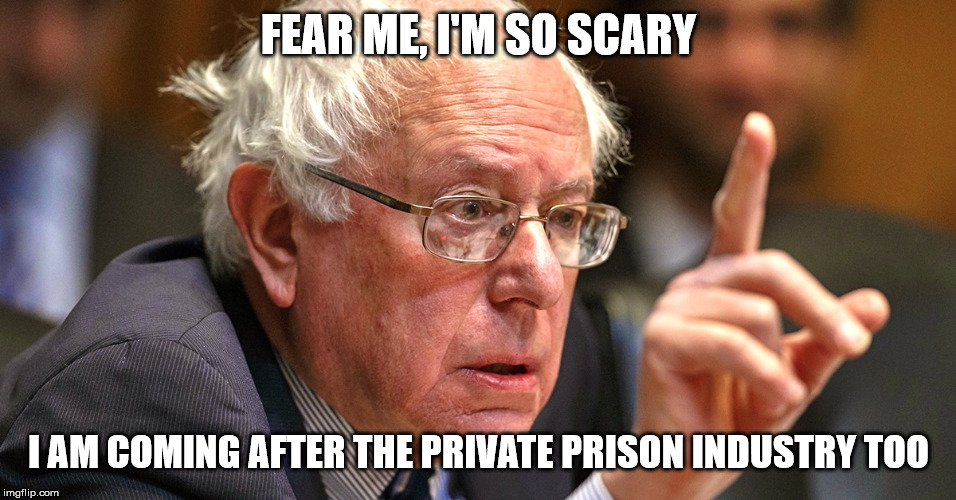 bernie sanders | FEAR ME, I'M SO SCARY I AM COMING AFTER THE PRIVATE PRISON INDUSTRY TOO | image tagged in bernie sanders | made w/ Imgflip meme maker