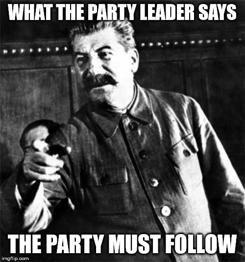 Stalin | WHAT THE PARTY LEADER SAYS THE PARTY MUST FOLLOW | image tagged in stalin | made w/ Imgflip meme maker