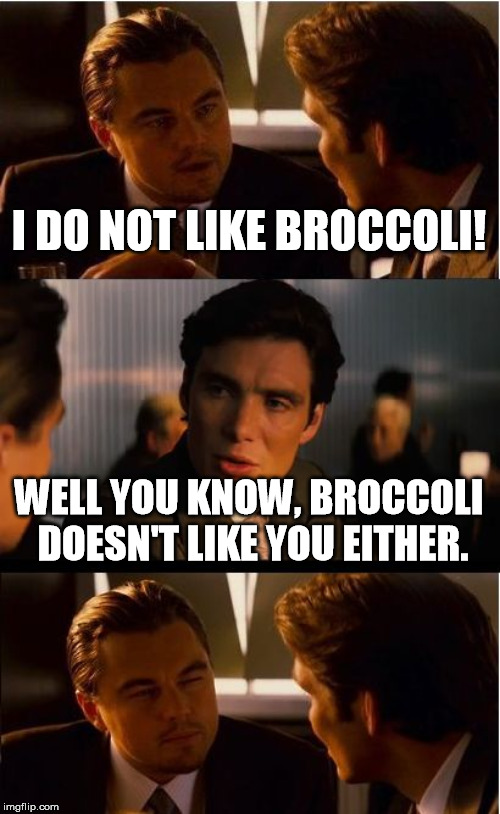 Inception Meme | I DO NOT LIKE BROCCOLI! WELL YOU KNOW, BROCCOLI DOESN'T LIKE YOU EITHER. | image tagged in memes,inception | made w/ Imgflip meme maker