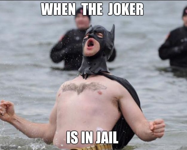 Batman Celebrates | WHEN  THE  JOKER; IS IN JAIL | image tagged in batman celebrates | made w/ Imgflip meme maker