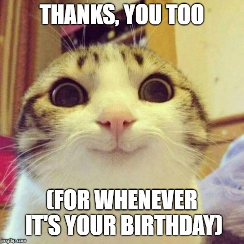 Smiling Cat Meme | THANKS, YOU TOO (FOR WHENEVER IT'S YOUR BIRTHDAY) | image tagged in memes,smiling cat | made w/ Imgflip meme maker