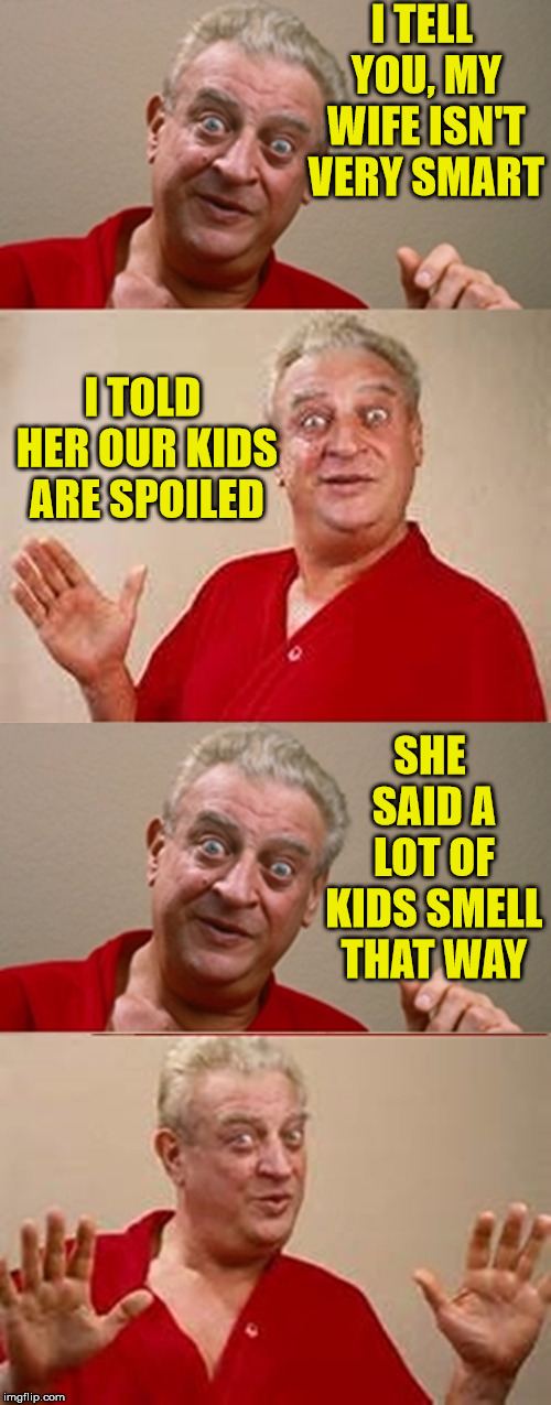 Bad Pun Rodney Dangerfield | I TELL YOU, MY WIFE ISN'T VERY SMART; I TOLD HER OUR KIDS ARE SPOILED; SHE SAID A LOT OF KIDS SMELL THAT WAY | image tagged in bad pun rodney dangerfield,memes,spoiled brats,wife,smart,smell | made w/ Imgflip meme maker