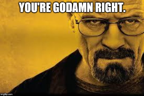 Heisenberg | YOU'RE GODAMN RIGHT. | image tagged in heisenberg | made w/ Imgflip meme maker