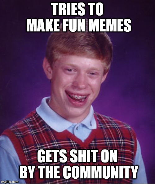 Bad Luck Brian Meme | TRIES TO MAKE FUN MEMES GETS SHIT ON BY THE COMMUNITY | image tagged in memes,bad luck brian | made w/ Imgflip meme maker