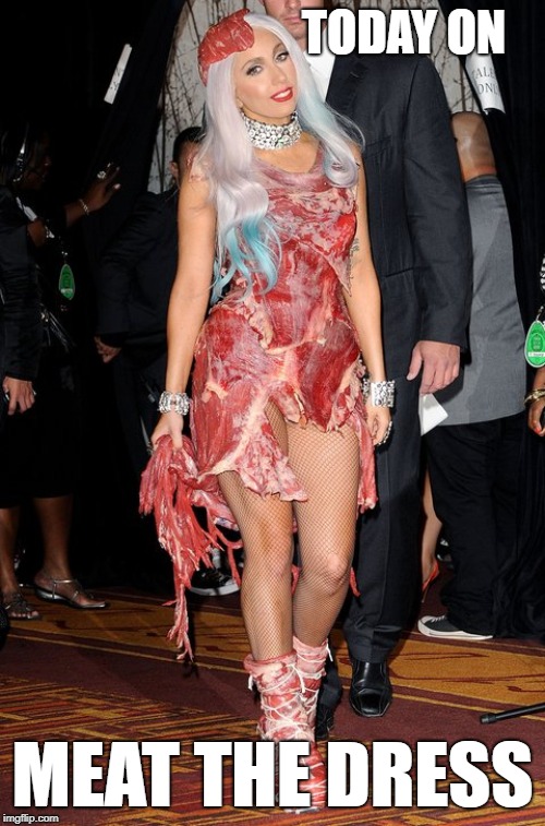 Don't you dare say meat flaps | TODAY ON; MEAT THE DRESS | image tagged in lady gaga,meat,dress | made w/ Imgflip meme maker