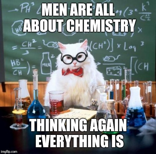 Chemistry Cat Meme | MEN ARE ALL ABOUT CHEMISTRY THINKING AGAIN EVERYTHING IS | image tagged in memes,chemistry cat | made w/ Imgflip meme maker
