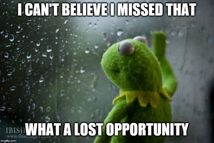 kermit window | I CAN'T BELIEVE I MISSED THAT WHAT A LOST OPPORTUNITY | image tagged in kermit window | made w/ Imgflip meme maker