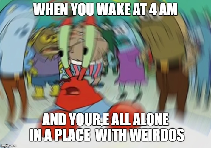 Mr Krabs Blur Meme Meme | WHEN YOU WAKE AT 4 AM; AND YOUR,E ALL ALONE IN A PLACE  WITH WEIRDOS | image tagged in memes,mr krabs blur meme | made w/ Imgflip meme maker