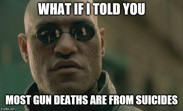 Matrix Morpheus Meme | WHAT IF I TOLD YOU MOST GUN DEATHS ARE FROM SUICIDES | image tagged in memes,matrix morpheus | made w/ Imgflip meme maker