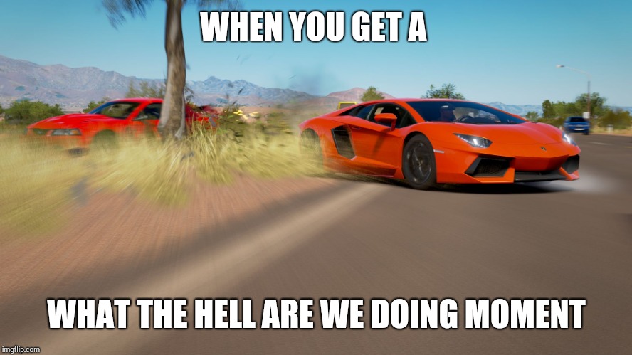 Forza Horizon 3 - Lamborghini Aventador takes down Mustang | WHEN YOU GET A; WHAT THE HELL ARE WE DOING MOMENT | image tagged in forza horizon 3 - lamborghini aventador takes down mustang | made w/ Imgflip meme maker