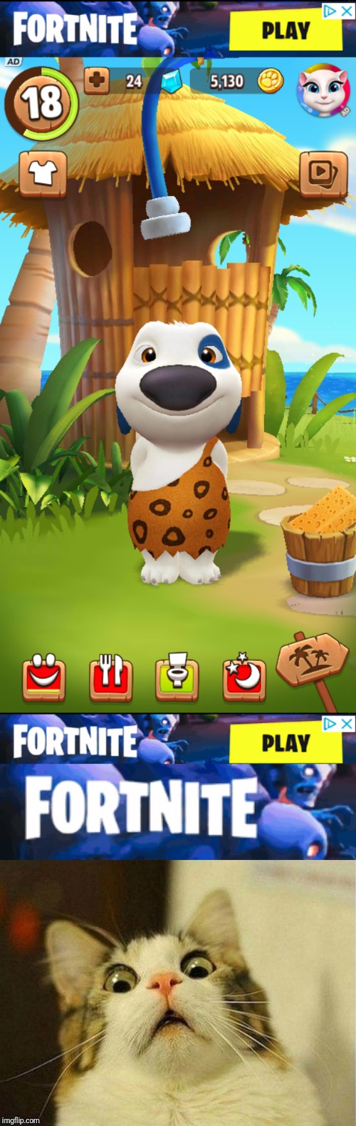 When you see Fortnite ad in a game for kids | image tagged in memes,scared cat,funny,fortnite,cat,dog | made w/ Imgflip meme maker