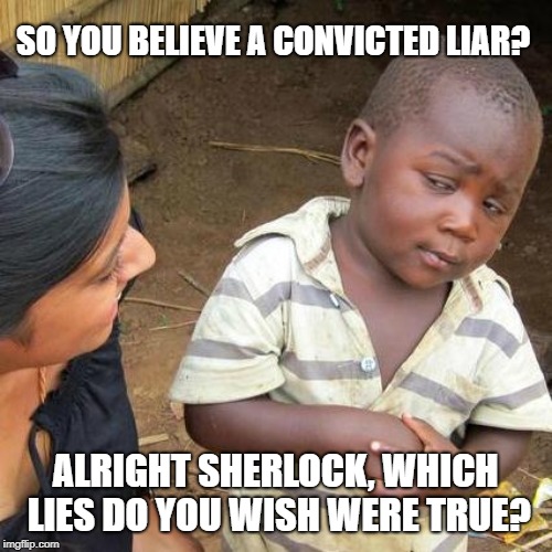 Third World Skeptical Kid Meme | SO YOU BELIEVE A CONVICTED LIAR? ALRIGHT SHERLOCK, WHICH LIES DO YOU WISH WERE TRUE? | image tagged in memes,third world skeptical kid | made w/ Imgflip meme maker