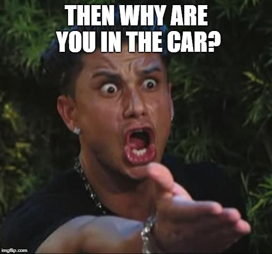 DJ Pauly D Meme | THEN WHY ARE YOU IN THE CAR? | image tagged in memes,dj pauly d | made w/ Imgflip meme maker