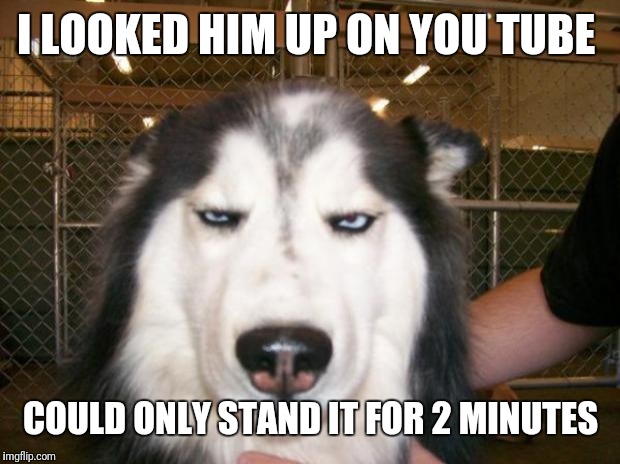 Annoyed Dog | I LOOKED HIM UP ON YOU TUBE COULD ONLY STAND IT FOR 2 MINUTES | image tagged in annoyed dog | made w/ Imgflip meme maker