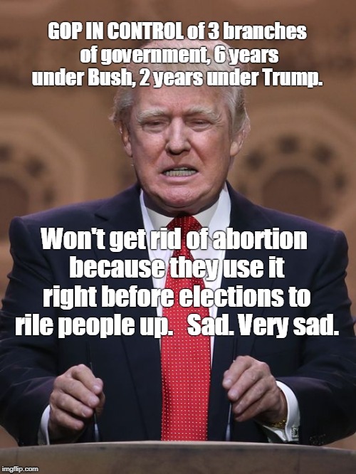 The GOP Big Lie | GOP IN CONTROL of 3 branches of government, 6 years under Bush, 2 years under Trump. Won't get rid of abortion because they use it right before elections to rile people up. 

Sad. Very sad. | image tagged in donald trump,trump,gop,abortion | made w/ Imgflip meme maker