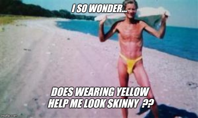 I SO WONDER... DOES WEARING YELLOW HELP ME LOOK SKINNY  ?? | made w/ Imgflip meme maker