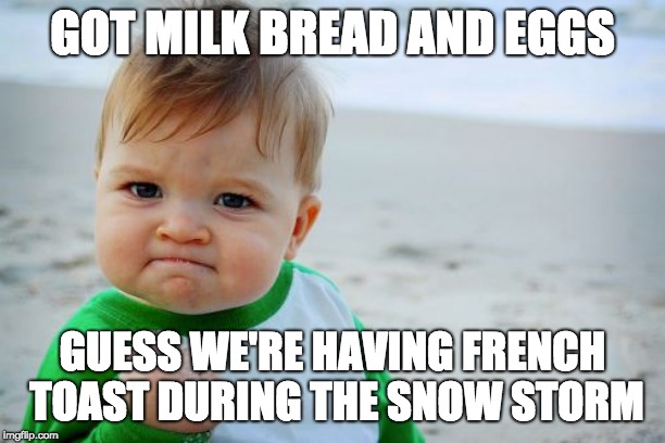 Success Kid Original Meme | GOT MILK BREAD AND EGGS; GUESS WE'RE HAVING FRENCH TOAST DURING THE SNOW STORM | image tagged in memes,success kid original | made w/ Imgflip meme maker
