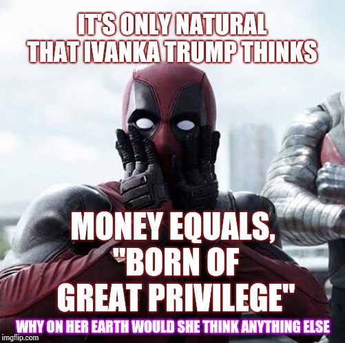I Can Name A Few Things She'll Never Do | IT'S ONLY NATURAL THAT IVANKA TRUMP THINKS; MONEY EQUALS, "BORN OF GREAT PRIVILEGE"; WHY ON HER EARTH WOULD SHE THINK ANYTHING ELSE | image tagged in memes,deadpool surprised,ivanka trump,dummy,stfu,dumbass | made w/ Imgflip meme maker