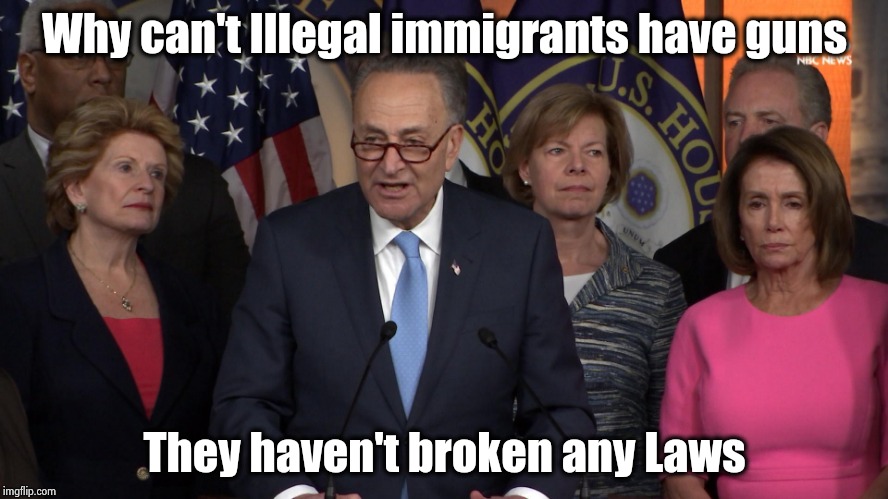 Democrat congressmen | Why can't Illegal immigrants have guns They haven't broken any Laws | image tagged in democrat congressmen | made w/ Imgflip meme maker