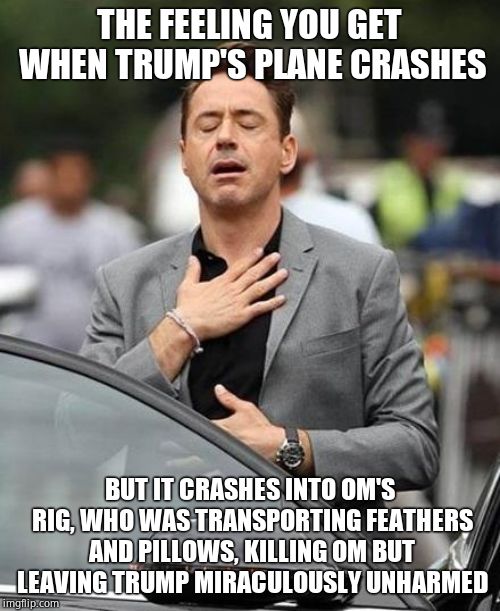 This is getting ridiculous but hey, why not? | THE FEELING YOU GET WHEN TRUMP'S PLANE CRASHES; BUT IT CRASHES INTO OM'S RIG, WHO WAS TRANSPORTING FEATHERS AND PILLOWS, KILLING OM BUT LEAVING TRUMP MIRACULOUSLY UNHARMED | image tagged in robert downy jr,joke | made w/ Imgflip meme maker