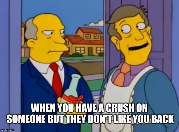 Steamed crush | WHEN YOU HAVE A CRUSH ON SOMEONE BUT THEY DON'T LIKE YOU BACK | image tagged in simpsons,steamed hams,crush | made w/ Imgflip meme maker