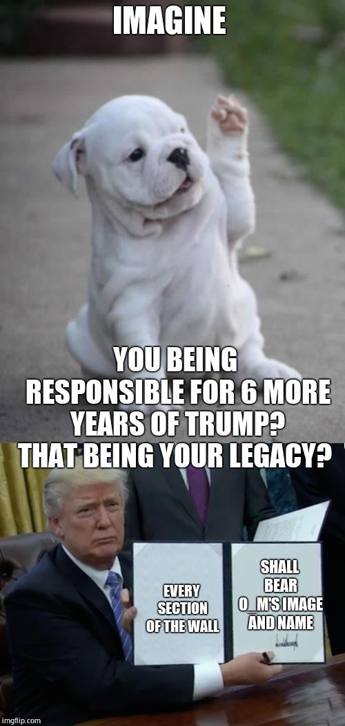 IMAGINE YOU BEING RESPONSIBLE FOR 6 MORE YEARS OF TRUMP? THAT BEING YOUR LEGACY? EVERY SECTION OF THE WALL SHALL BEAR O_M'S IMAGE AND NAME | image tagged in puppy high five,memes,trump bill signing | made w/ Imgflip meme maker