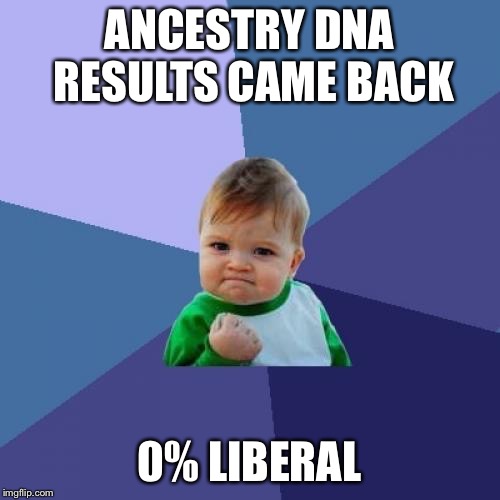 100% American | ANCESTRY DNA RESULTS CAME BACK; 0% LIBERAL | image tagged in memes,success kid,dna | made w/ Imgflip meme maker