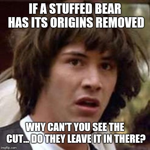 Conspiracy Keanu | IF A STUFFED BEAR HAS ITS ORIGINS REMOVED; WHY CAN'T YOU SEE THE CUT... DO THEY LEAVE IT IN THERE? | image tagged in memes,conspiracy keanu | made w/ Imgflip meme maker