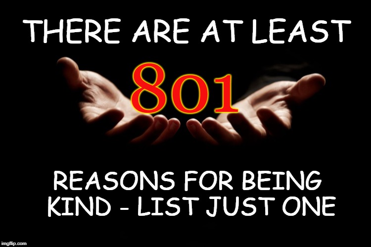801 reasons | THERE ARE AT LEAST; 801; REASONS FOR BEING KIND - LIST JUST ONE | image tagged in 801rocks,801reasons,kindness,why are you kind,what is kindness | made w/ Imgflip meme maker