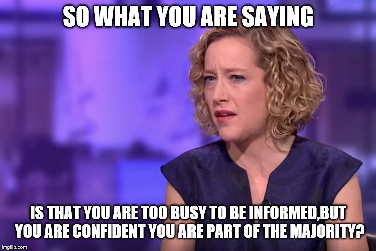 Jordan Peterson - so what you're saying | SO WHAT YOU ARE SAYING IS THAT YOU ARE TOO BUSY TO BE INFORMED,BUT YOU ARE CONFIDENT YOU ARE PART OF THE MAJORITY? | image tagged in jordan peterson - so what you're saying | made w/ Imgflip meme maker