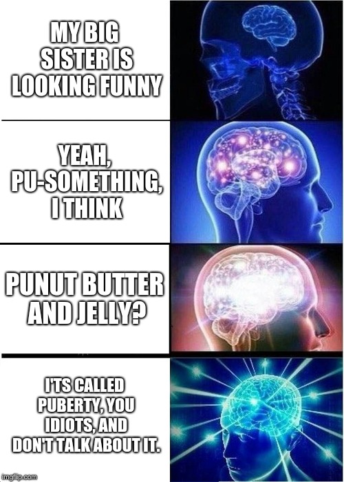 Expanding Brain Meme | MY BIG SISTER IS LOOKING FUNNY; YEAH, PU-SOMETHING, I THINK; PUNUT BUTTER AND JELLY? I'TS CALLED PUBERTY, YOU IDIOTS, AND DON'T TALK ABOUT IT. | image tagged in memes,expanding brain | made w/ Imgflip meme maker