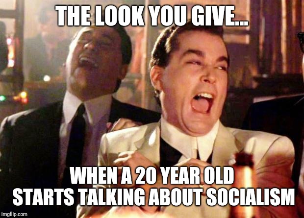 gansters | THE LOOK YOU GIVE... WHEN A 20 YEAR OLD STARTS TALKING ABOUT SOCIALISM | image tagged in gansters | made w/ Imgflip meme maker