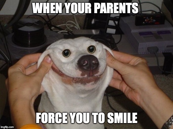 Forced To Smile Dog | WHEN YOUR PARENTS; FORCE YOU TO SMILE | image tagged in forced to smile dog | made w/ Imgflip meme maker