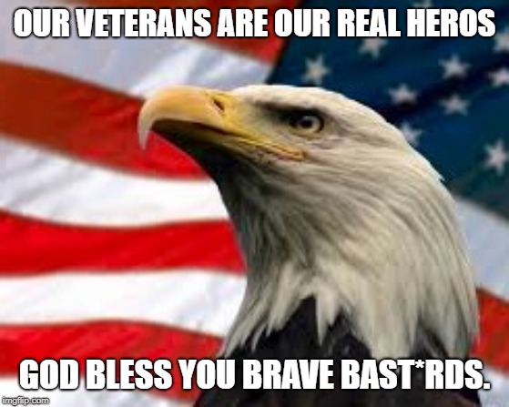 Murica Patriotic Eagle | OUR VETERANS ARE OUR REAL HEROS GOD BLESS YOU BRAVE BAST*RDS. | image tagged in murica patriotic eagle | made w/ Imgflip meme maker