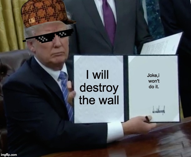 About the wall | I will destroy the wall; Joke,i won't do it. | image tagged in memes,trump bill signing,the wall | made w/ Imgflip meme maker