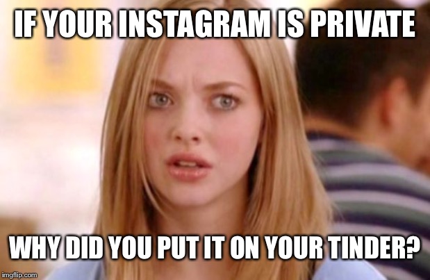 Karen Smith Mean Girls Why Are You White? | IF YOUR INSTAGRAM IS PRIVATE; WHY DID YOU PUT IT ON YOUR TINDER? | image tagged in karen smith mean girls why are you white | made w/ Imgflip meme maker