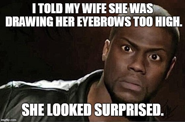Kevin Hart | I TOLD MY WIFE SHE WAS DRAWING HER EYEBROWS TOO HIGH. SHE LOOKED SURPRISED. | image tagged in memes,kevin hart | made w/ Imgflip meme maker