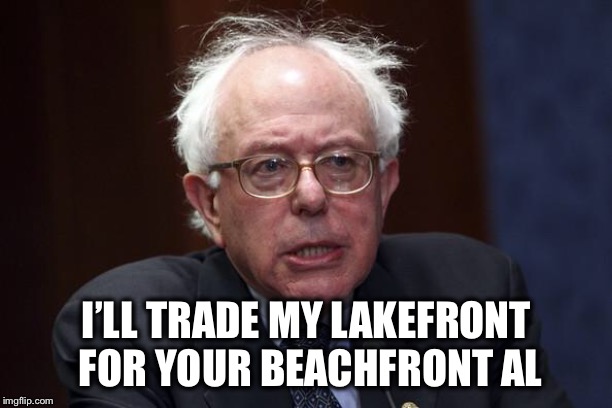 Bernie Sanders | I’LL TRADE MY LAKEFRONT FOR YOUR BEACHFRONT AL | image tagged in bernie sanders | made w/ Imgflip meme maker