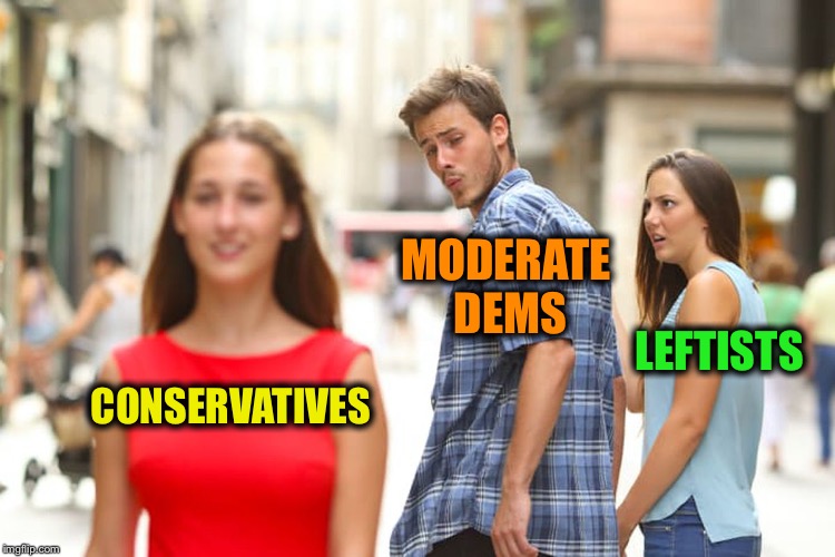 Distracted Boyfriend Meme | CONSERVATIVES MODERATE DEMS LEFTISTS | image tagged in memes,distracted boyfriend | made w/ Imgflip meme maker